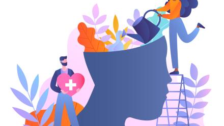 Mental health concept. Man with heart in hands and woman with watering can near abstract silhouette of head with plants. Psychological help and support, mindfulness.