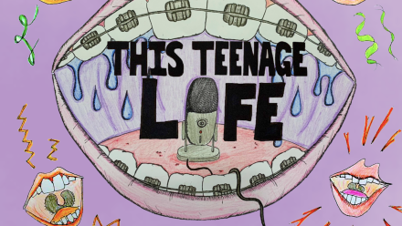 Mouth with braces surrounded by other mouths and "This Teenage Life" written in the middle.