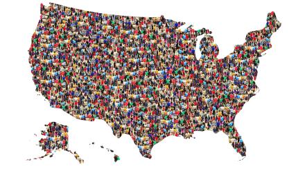 Outline of United Staes filled with colorful individual people