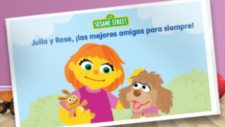 Snap shot of a cover of a Sesame Street book with a character on the ASD spectrum.