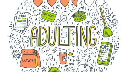 Colorful illustration with text Adulting, and doodles about personal finance (money, tax, debt) and home maintenance (cooking, laundry, fixing). Young adult moving out concept. Round shape.