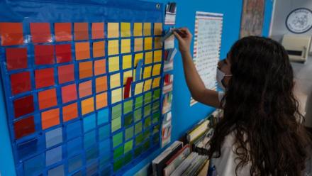 Student at the board choosing a card