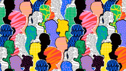 Colorful diverse people crowd abstract art seamless pattern. Multi-ethnic community, big cultural diversity group background illustration in modern collage painting style.