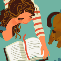 A girl reading a book next to her cat