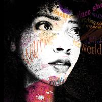 Detail of The Poet X cover featuring mixed race woman with curly hair overlaid with poetry