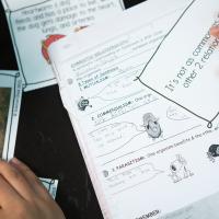 Close up of middle school students' hands working on science vocabulary study 