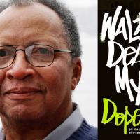 Close up portrait of author Walter Dean Myers with Dope Sick cover using bold hand drawn typography