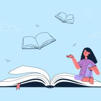 girl sitting on a book with flying books