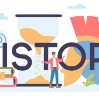 word history spelled out with people standing next to historical items