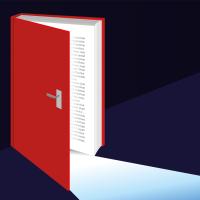 Graphic of a book that is opening like a door and letting light out