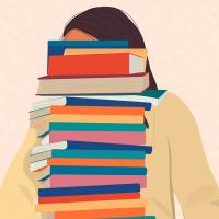 Adolescent holding a stack of books that are as high as the top of her head.