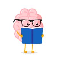 A brain with glasses on reading a blue book