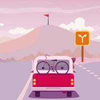 A drawing of a truck that has come to a fork in the road.