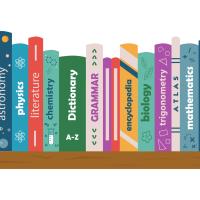 Various content area books on a shelf