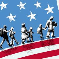 immigrant adults and children walking across land a landscape of the American flag.