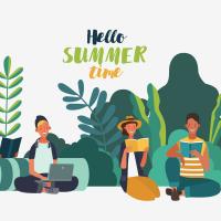 drawing of students lounging on books with plants behind them