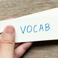 Hand holding a ring of cards with "VOCAB" written on the front of the first card