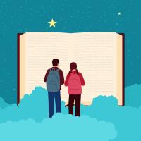 a drawing if a boy and a girl standing on clouds in front of a large, open book