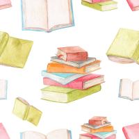 Stack of books with books all around it in multiple pastel colors