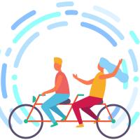 Drawing of two people riding a tandem bike together.