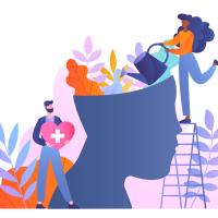 Mental health concept. Man with heart in hands and woman with watering can near abstract silhouette of head with plants. Psychological help and support, mindfulness.