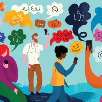 Colorful people walking around looking at their devices to get news