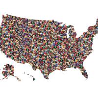 Outline of United Staes filled with colorful individual people