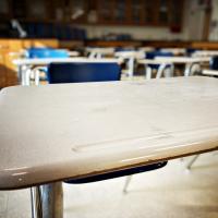 Empty desk in a science classroom