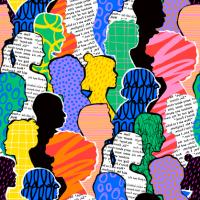 Colorful diverse people crowd abstract art seamless pattern. Multi-ethnic community, big cultural diversity group background illustration in modern collage painting style.